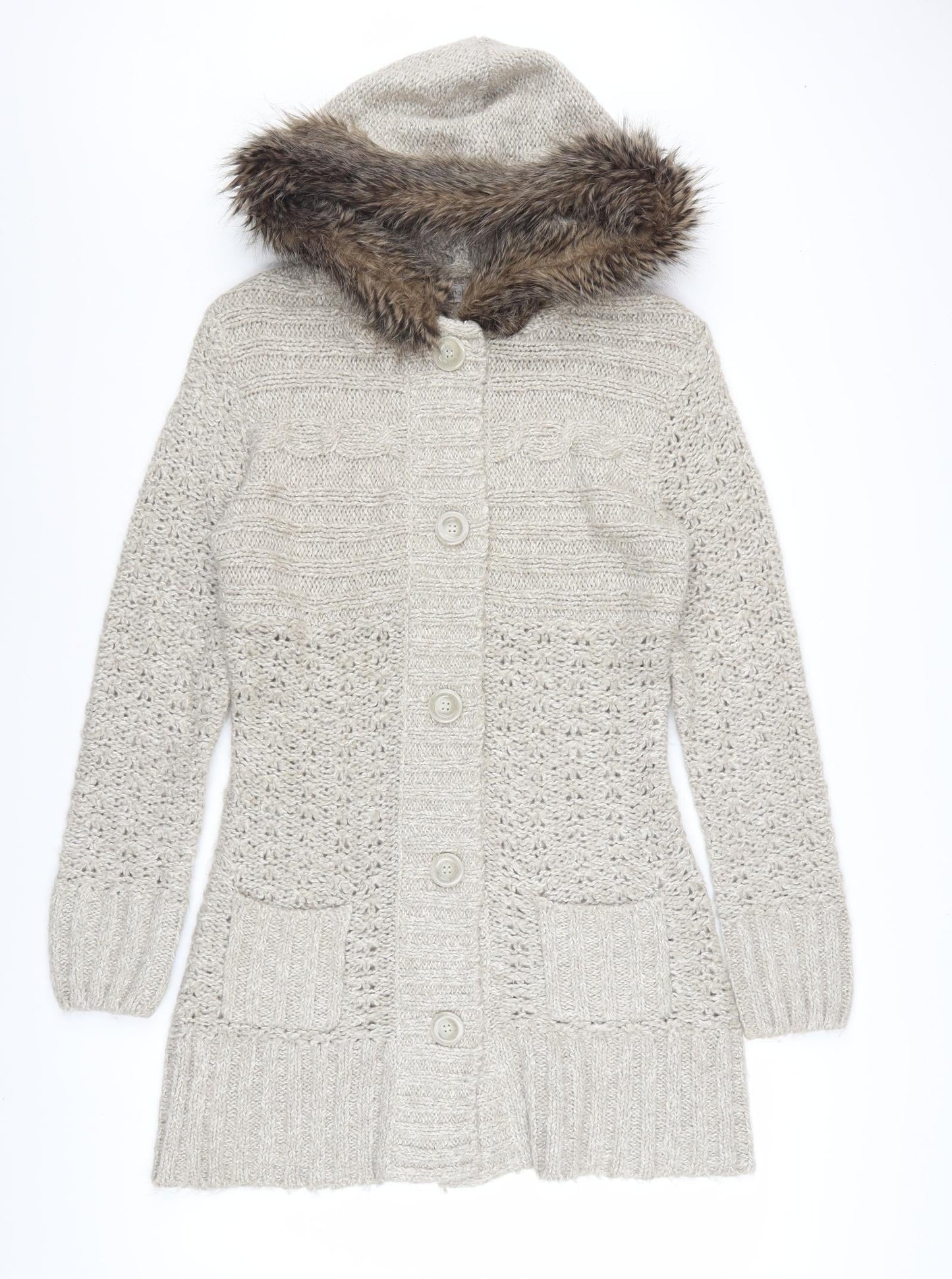 Papaya Women’s Beige Hooded Knit Cardigan Size 14 Faux Fur Trim