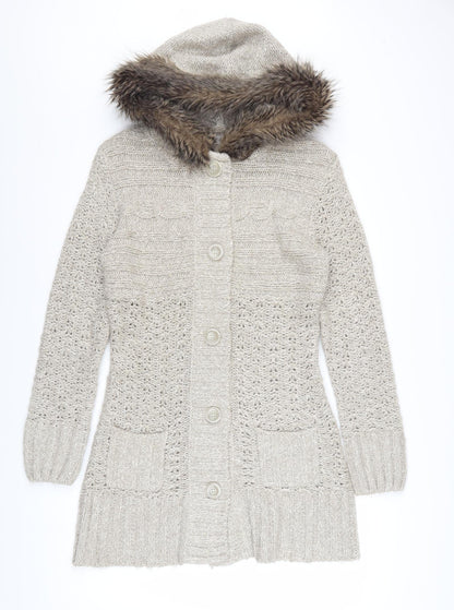 Papaya Women’s Beige Hooded Knit Cardigan Size 14 Faux Fur Trim