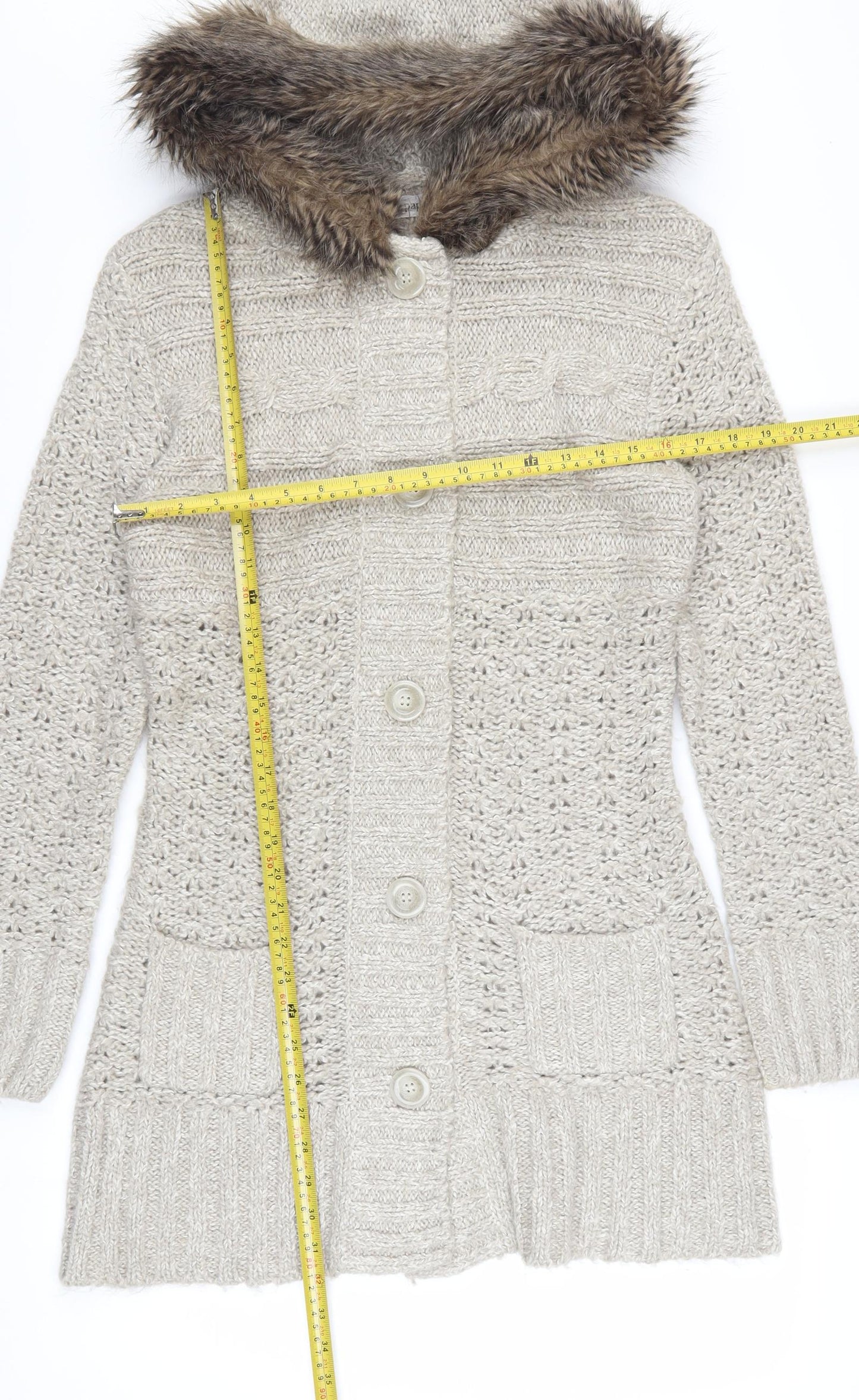 Papaya Women’s Beige Hooded Knit Cardigan Size 14 Faux Fur Trim