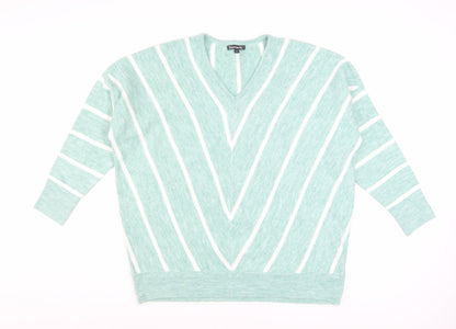 Bonmarché Women’s Green Striped V-Neck Pullover Jumper Size 14