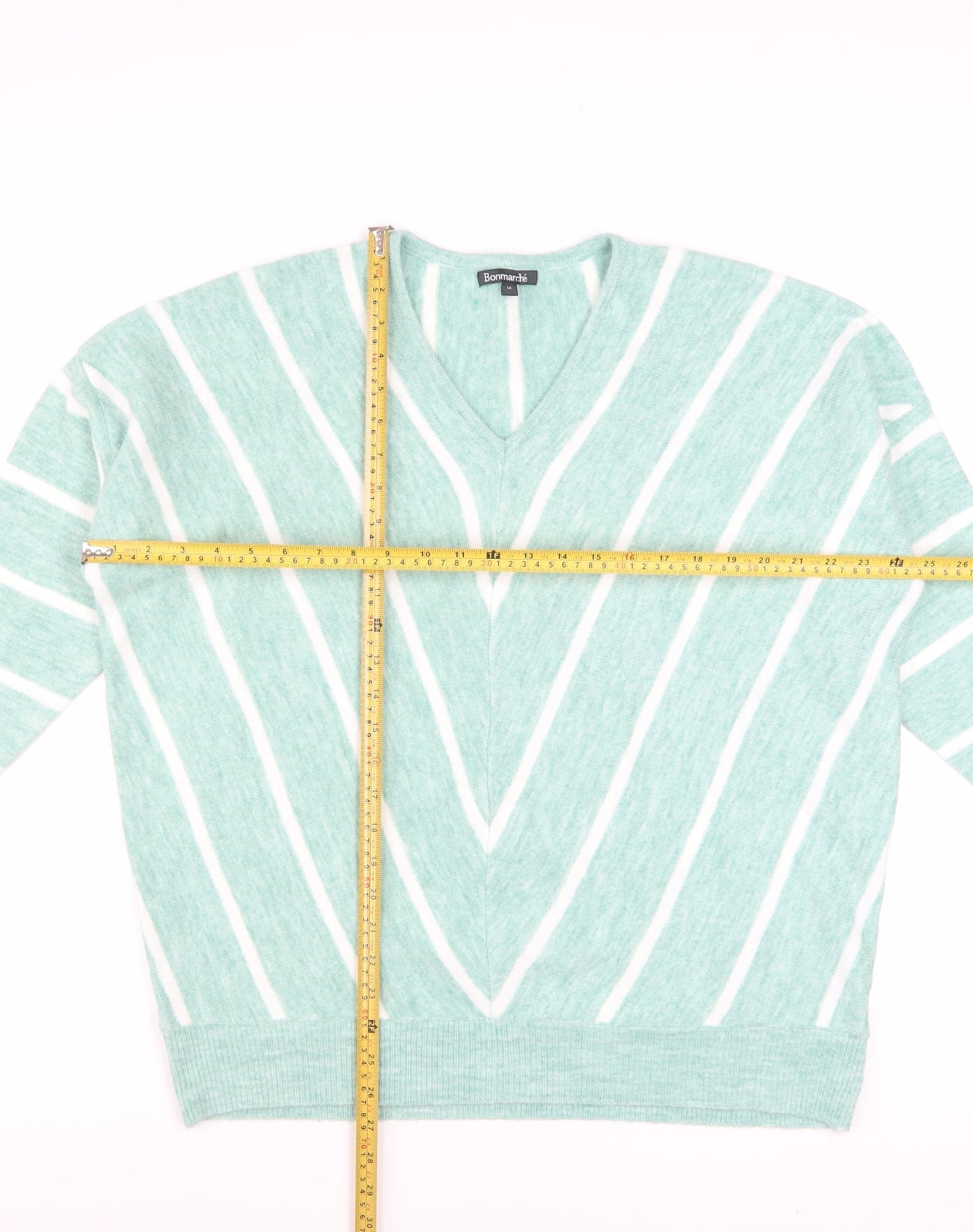 Bonmarché Women’s Green Striped V-Neck Pullover Jumper Size 14