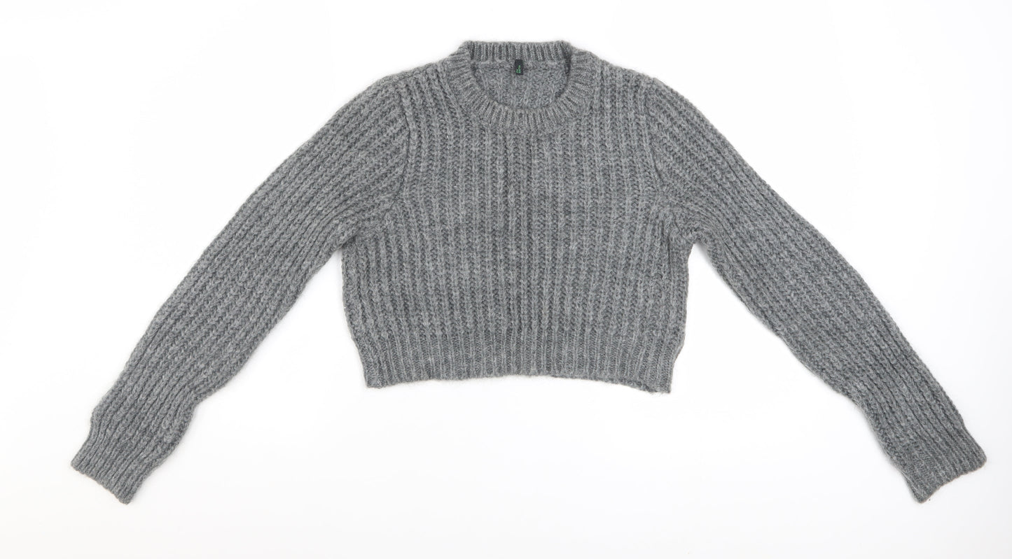 Benetton Women Grey Chunky Knit Mohair Blend Jumper Size S