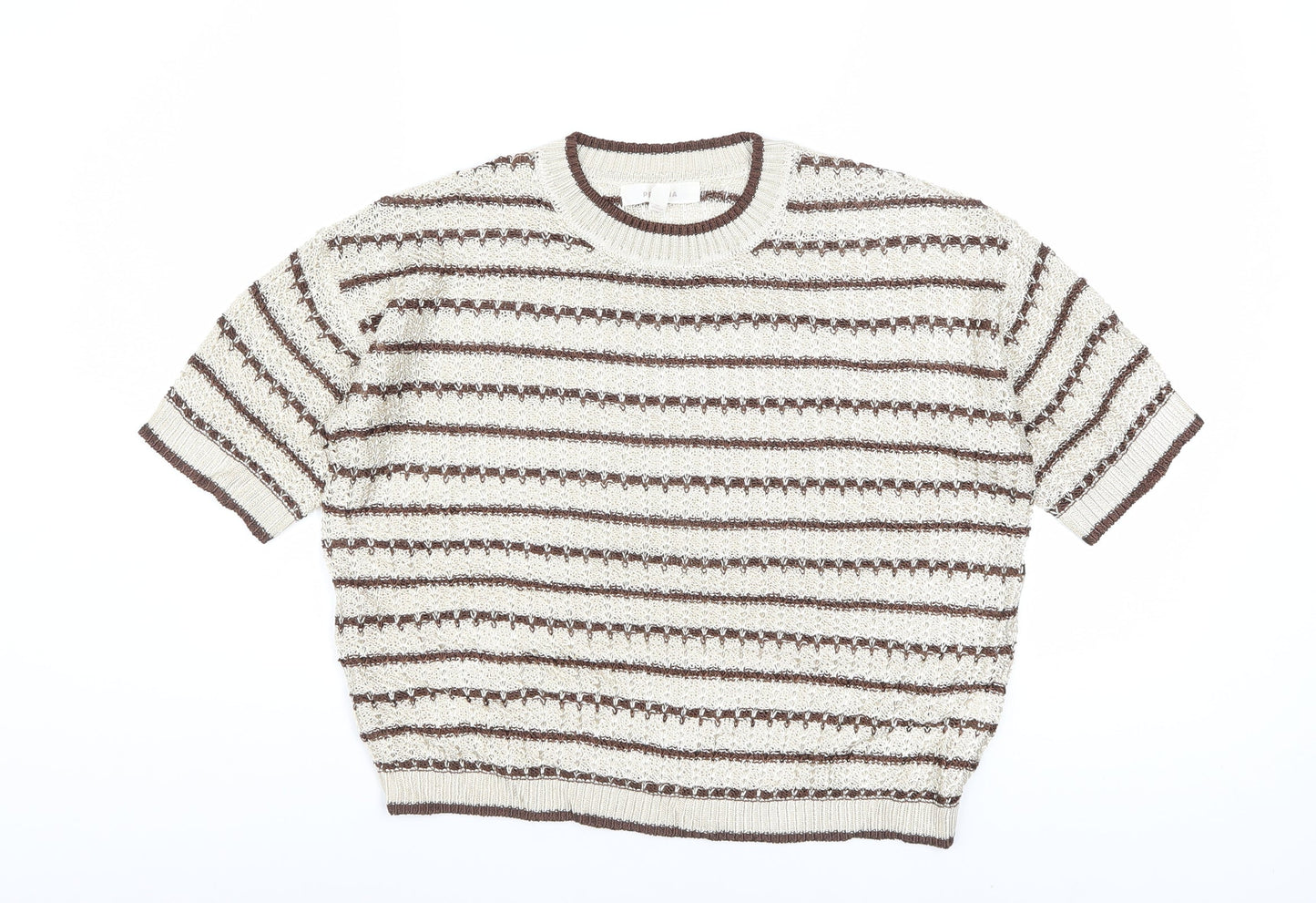 Marks and Spencer Per Una Women Beige Brown Striped Short Sleeve Jumper M