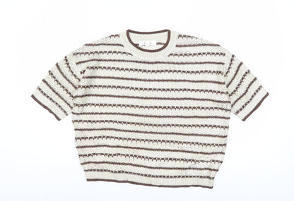 Marks and Spencer Per Una Women Beige Brown Striped Short Sleeve Jumper M