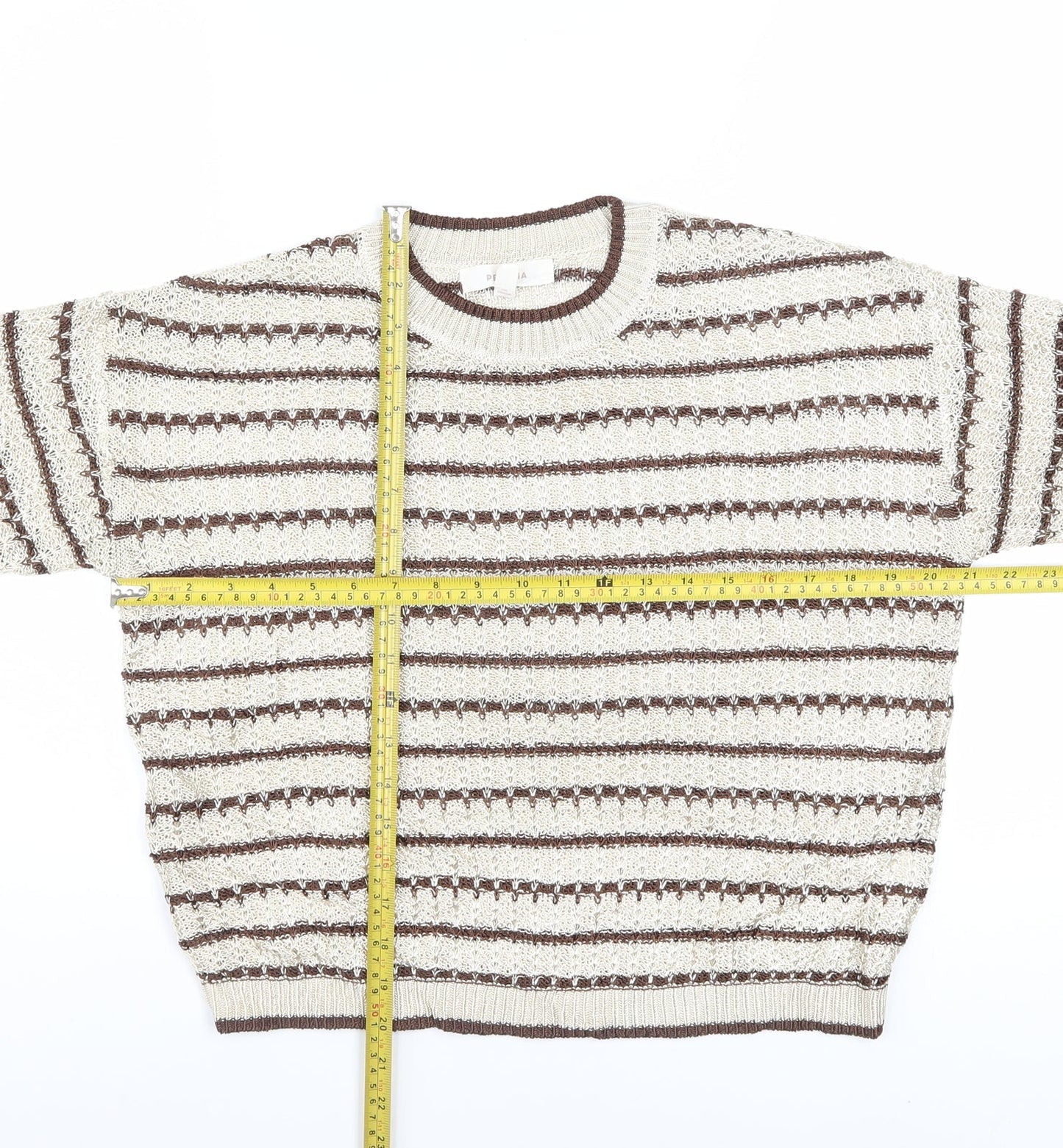 Marks and Spencer Per Una Women Beige Brown Striped Short Sleeve Jumper M