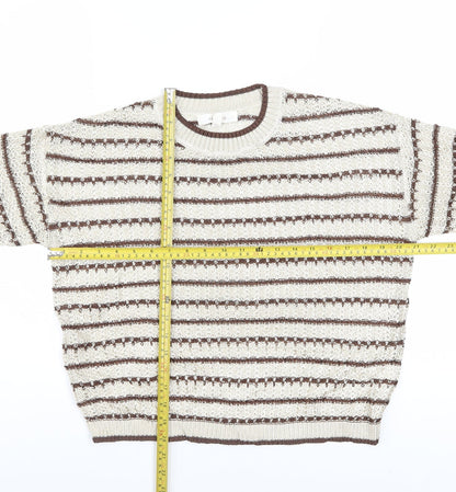 Marks and Spencer Per Una Women Beige Brown Striped Short Sleeve Jumper M