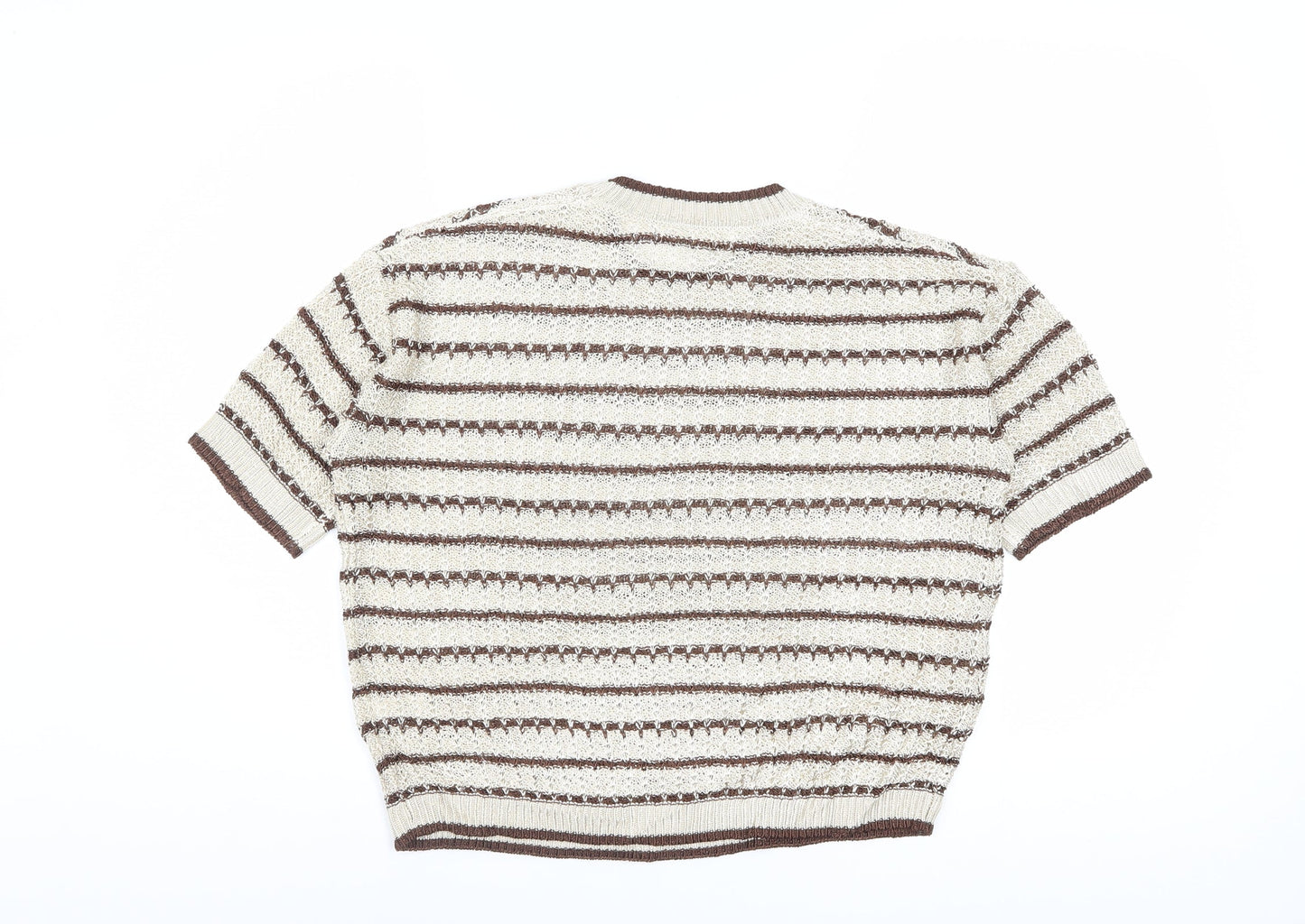Marks and Spencer Per Una Women Beige Brown Striped Short Sleeve Jumper M