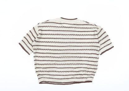 Marks and Spencer Per Una Women Beige Brown Striped Short Sleeve Jumper M