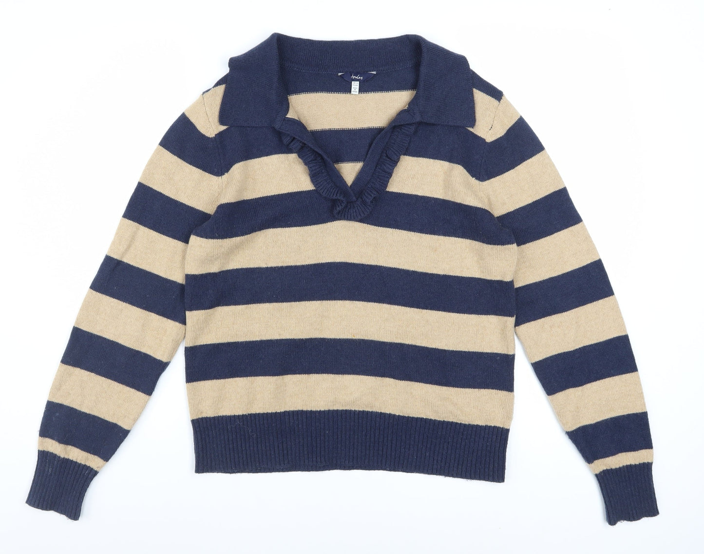 Joules Womens Blue Beige Striped Collared Pullover Jumper Size 12