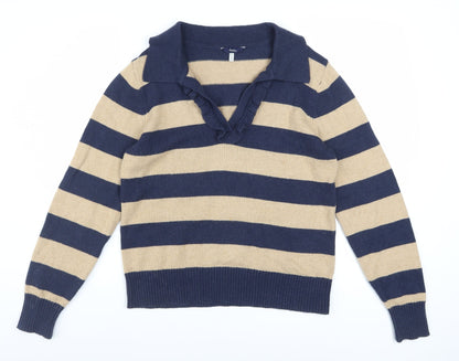 Joules Womens Blue Beige Striped Collared Pullover Jumper Size 12
