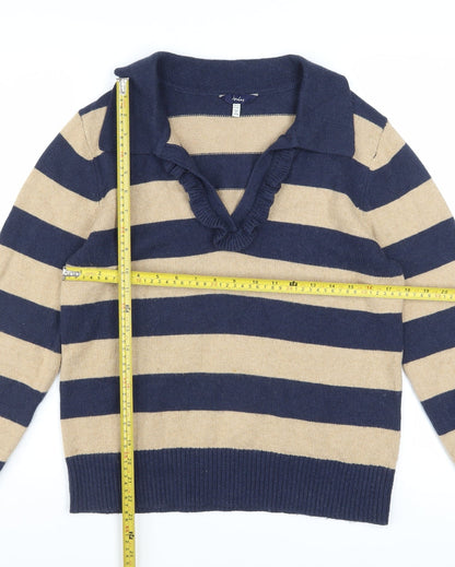 Joules Womens Blue Beige Striped Collared Pullover Jumper Size 12