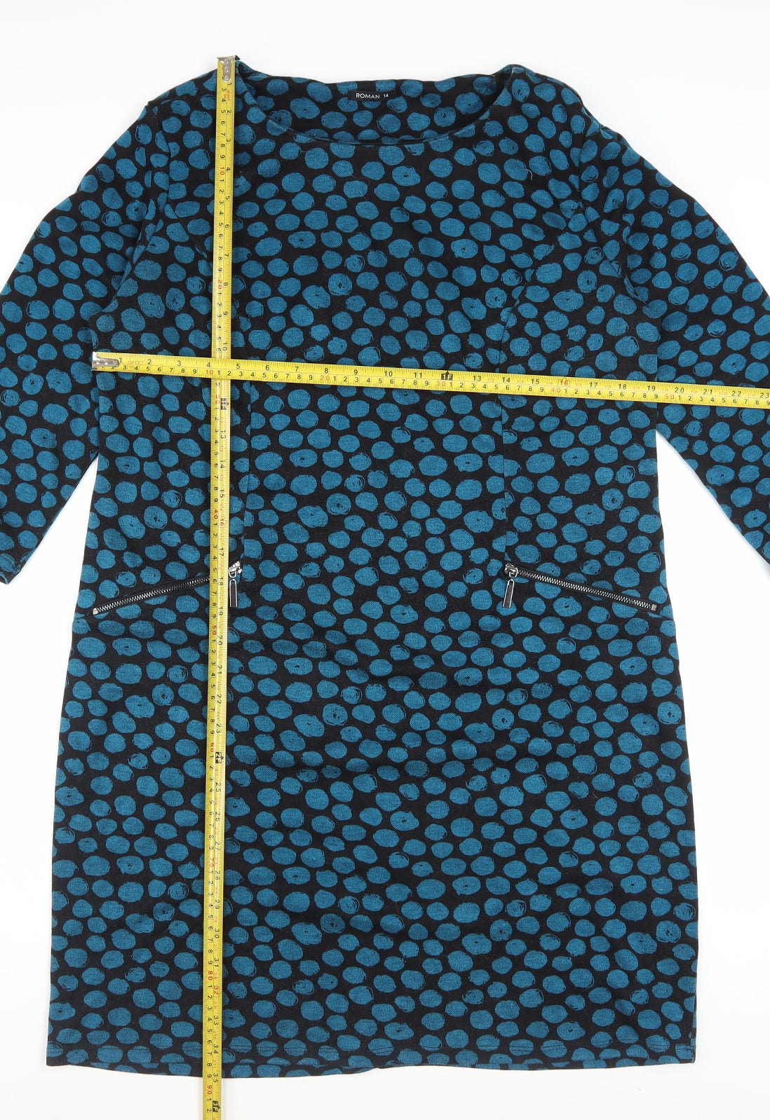 Roman Women's Blue Polka Dot Shift Dress Size 14 3/4 Sleeve Knit