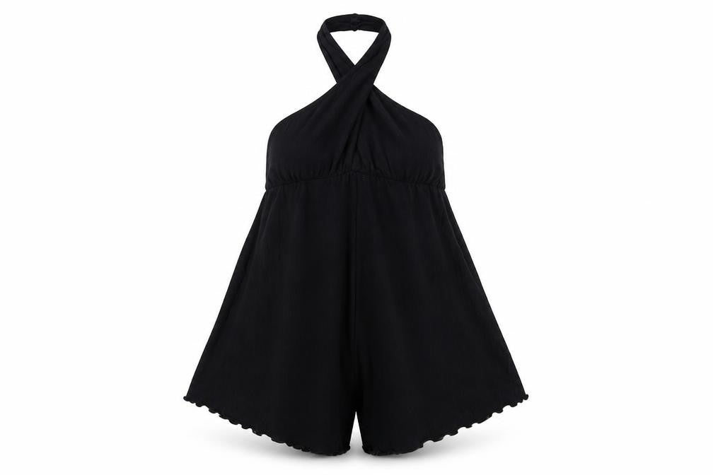 ASOS Design Women Black Size 12 Halter Playsuit Cotton Blend Crinkle Fabric