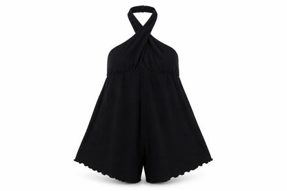 ASOS Design Women Black Size 12 Halter Playsuit Cotton Blend Crinkle Fabric
