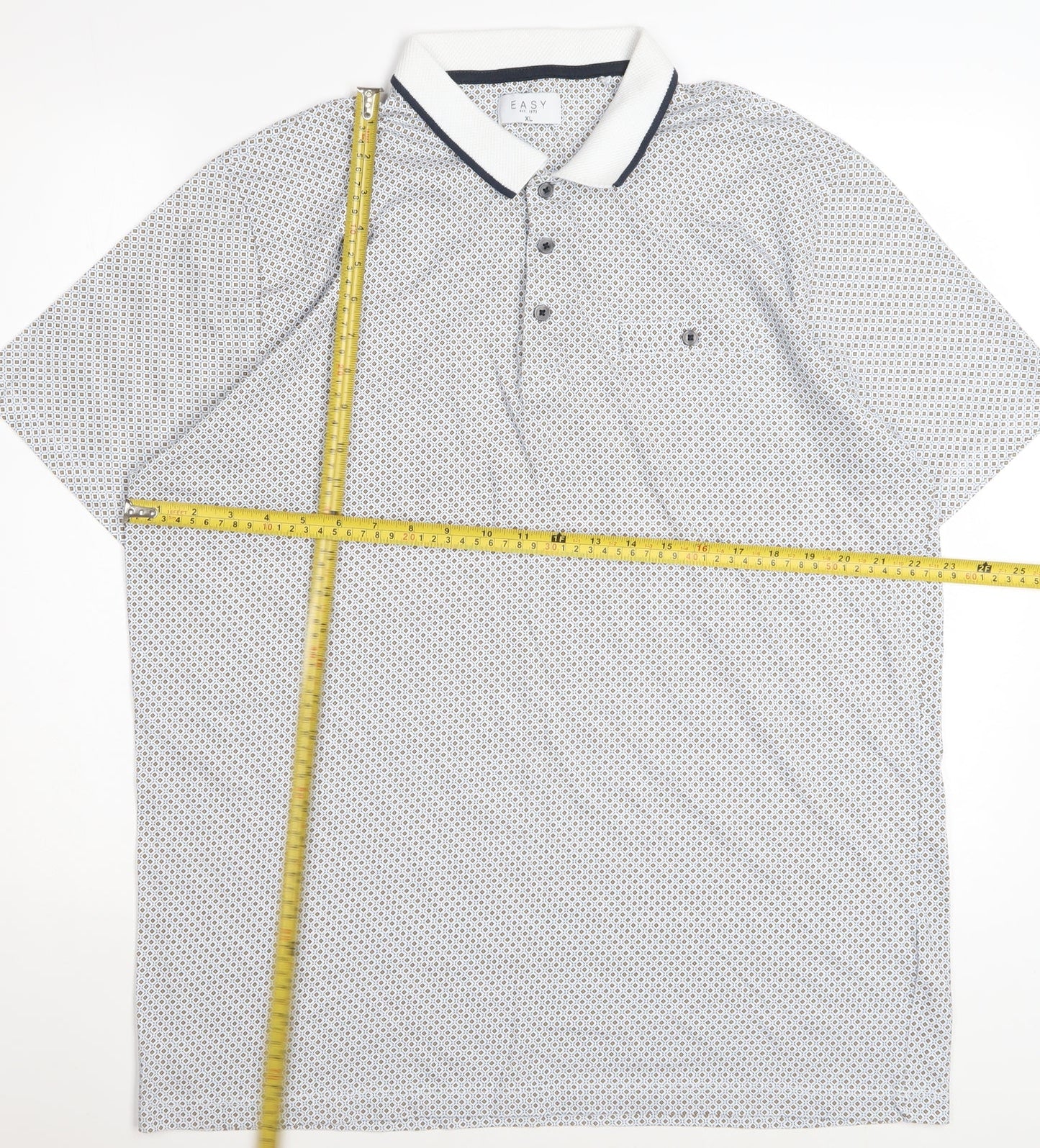Easy Men's Blue Geometric Cotton Polo Shirt XL Short Sleeve