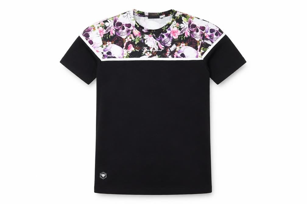 Bee Inspired Men's Black Skull Floral Graphic Short Sleeve T-Shirt Size S