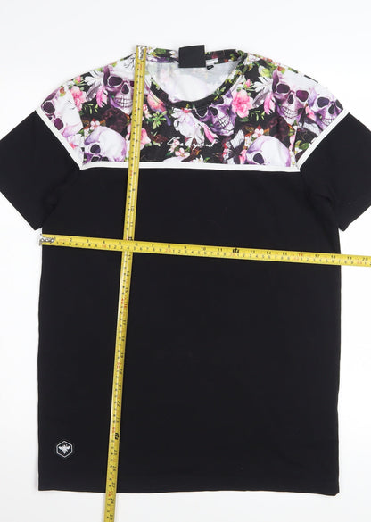 Bee Inspired Men's Black Skull Floral Graphic Short Sleeve T-Shirt Size S