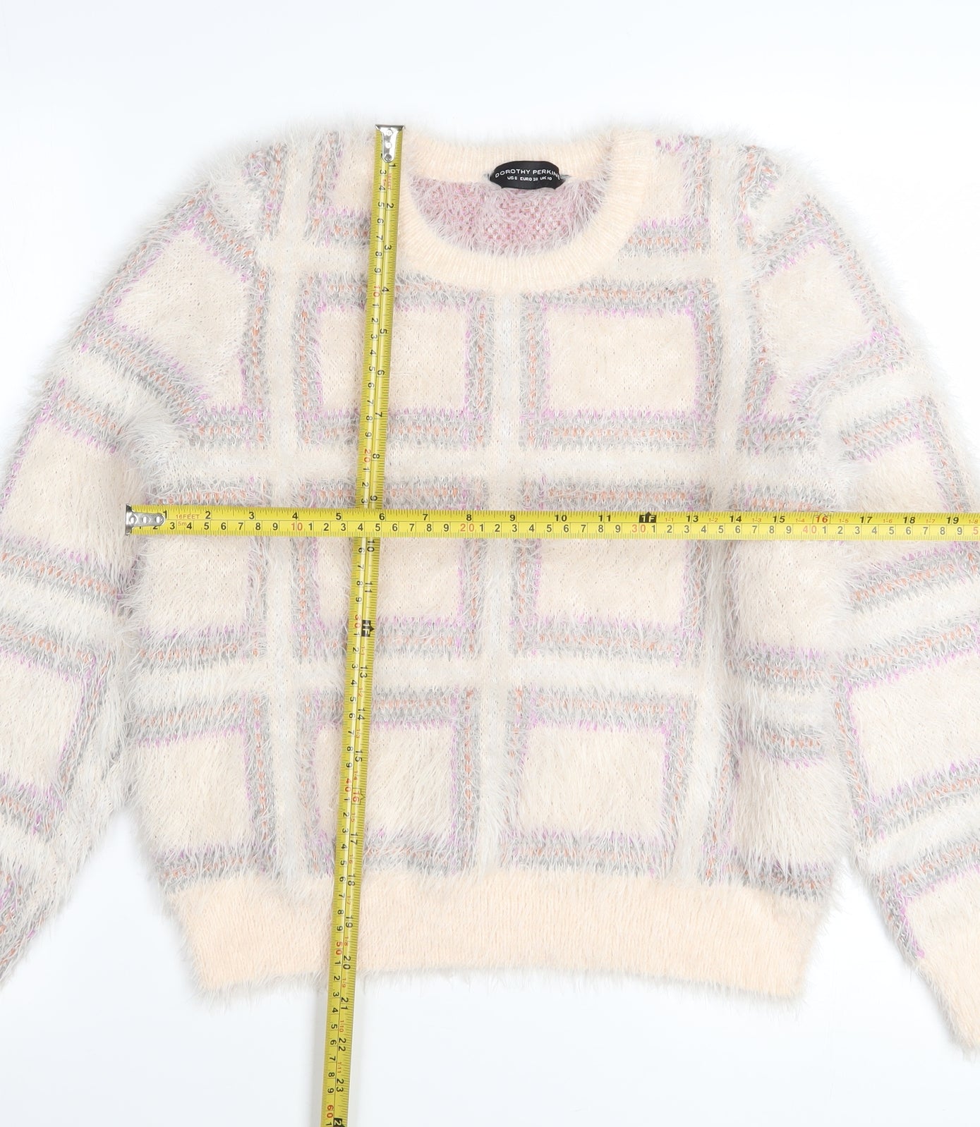 Dorothy Perkins Women Ivory Check Fuzzy Knit Jumper Size 10