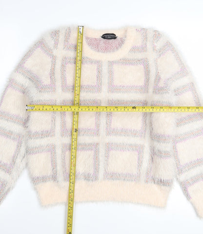 Dorothy Perkins Women Ivory Check Fuzzy Knit Jumper Size 10