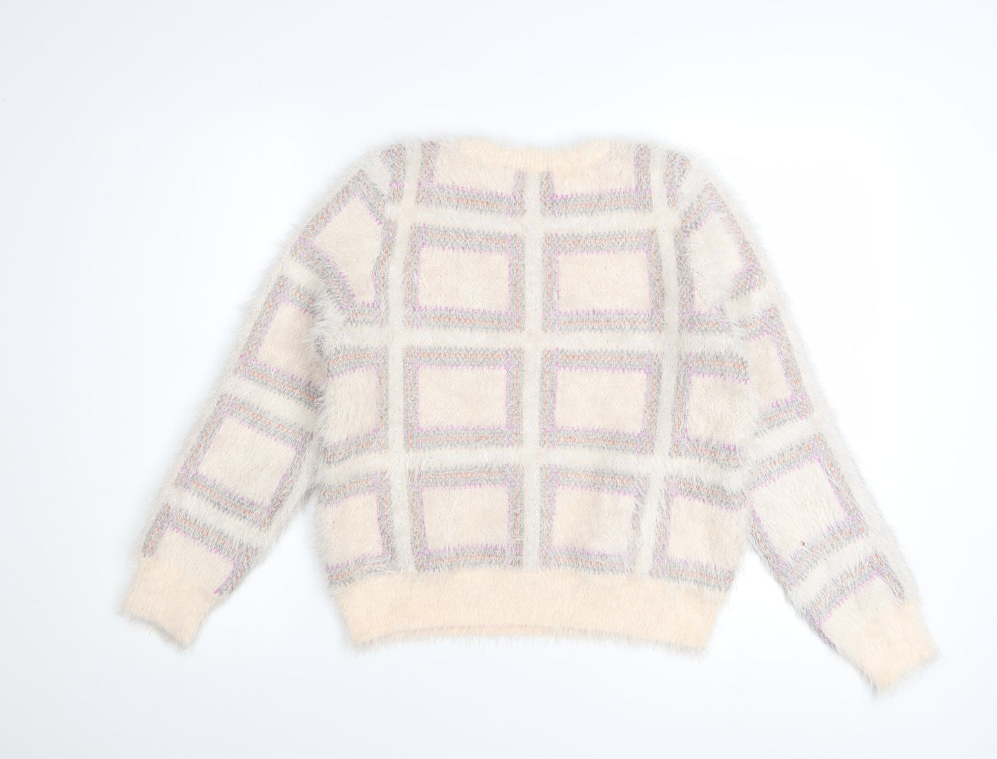 Dorothy Perkins Women Ivory Check Fuzzy Knit Jumper Size 10