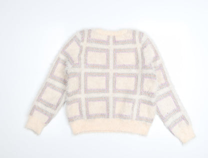 Dorothy Perkins Women Ivory Check Fuzzy Knit Jumper Size 10