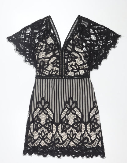 Boohoo Women’s Black Lace Bodycon V-Neck Short Dress Size 10