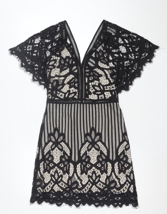 Boohoo Women’s Black Lace Bodycon V-Neck Short Dress Size 10