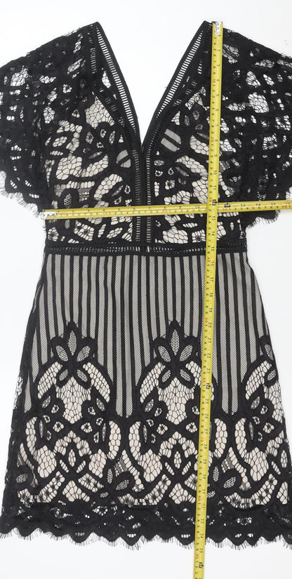 Boohoo Women’s Black Lace Bodycon V-Neck Short Dress Size 10