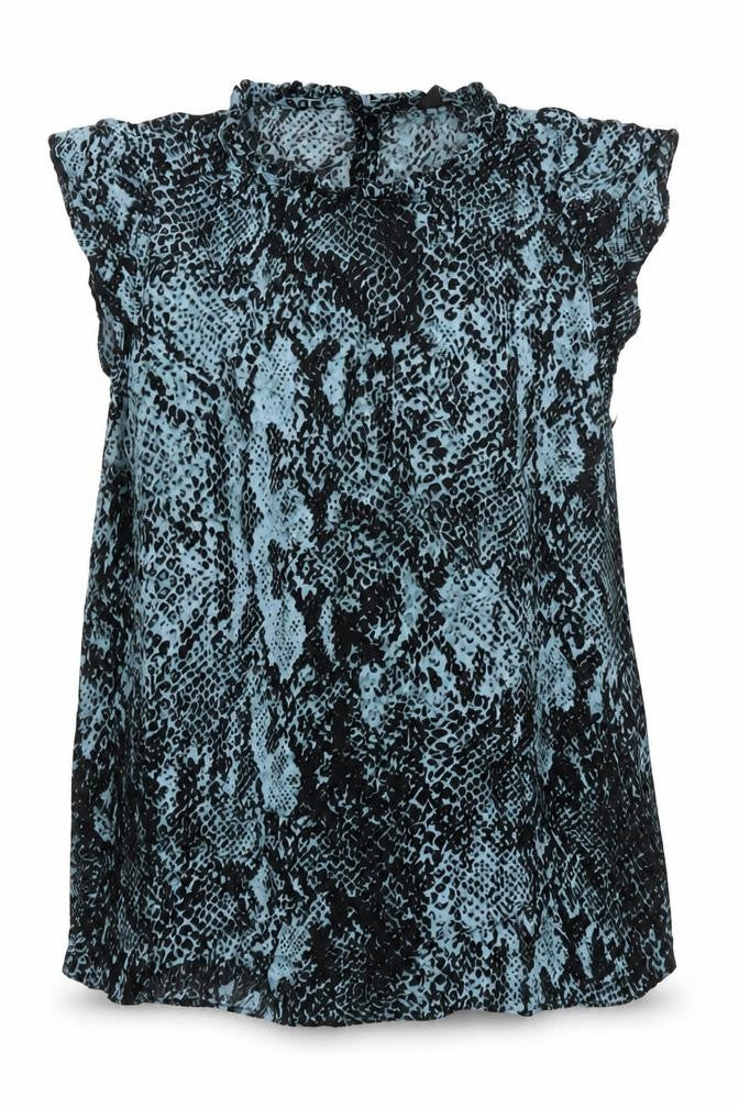 New Look Women Blue Animal Print Sleeveless Ruffle Blouse Size 10