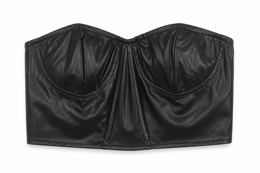 PRETTYLITTLETHING Women Black Faux Leather Cropped Strapless Top Size 10