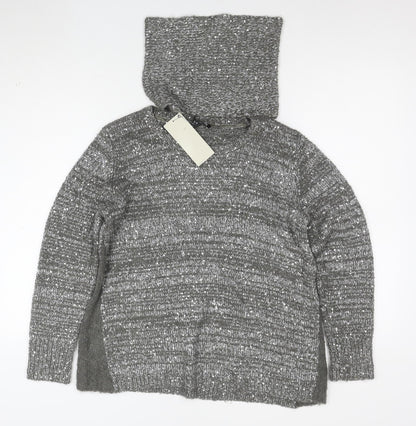 Next Women’s Grey Sequin Wool Blend Hooded Cowl Neck Jumper Size 10