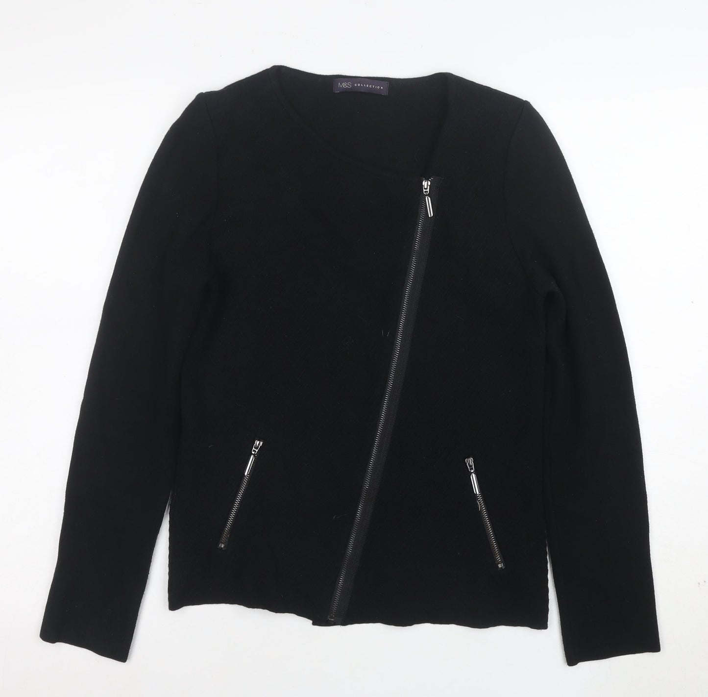 Marks and Spencer Womens Black Biker Jacket Size 8 Zip Pockets Knit