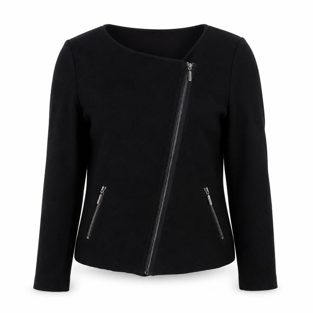 Marks & Spencer Womens Black Biker Jacket Size 8 Zip Pockets Knit