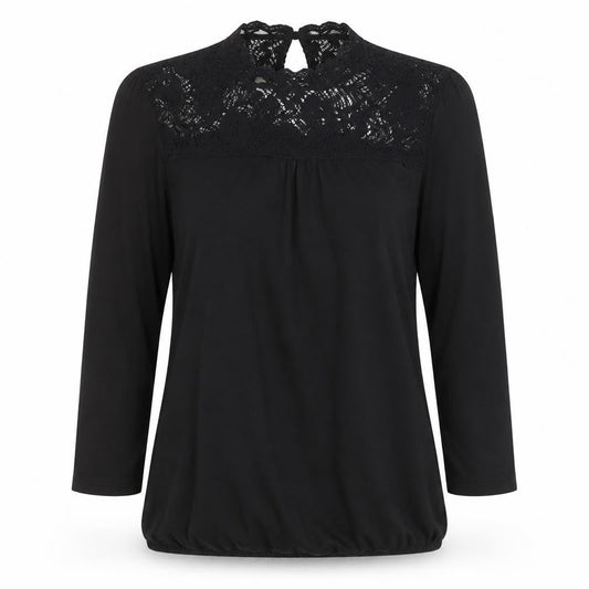Front view of Red Herring Women’s Black Lace High Neck Blouse, size UK 8