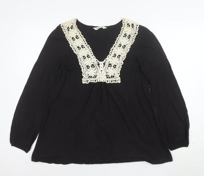 BHS Womens Black Crochet V-Neck Long Sleeve Cotton Tunic Blouse Size 16