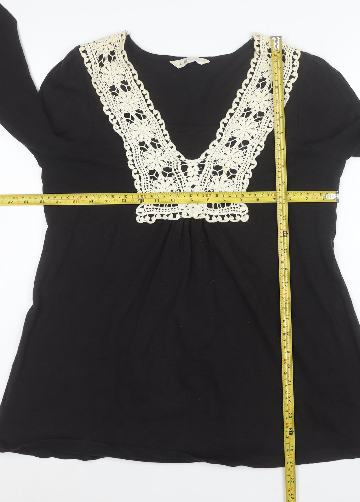 BHS Womens Black Crochet V-Neck Long Sleeve Cotton Tunic Blouse Size 16