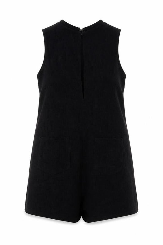 Front view of ASOS Women’s Black Sleeveless Knit Playsuit, size UK 14