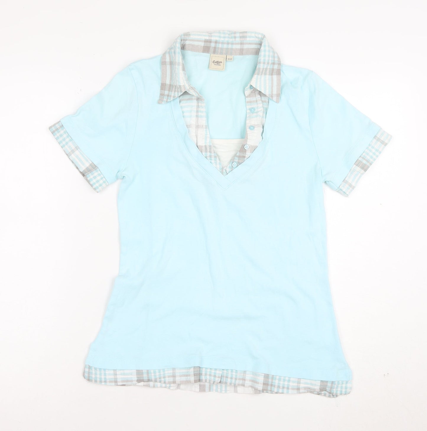 Cotton Traders Womens Blue V-Neck Polo Shirt Size 10 Short Sleeve