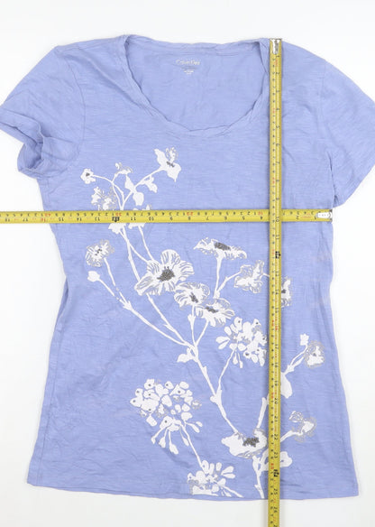 Calvin Klein Women's Blue Floral Beaded Cotton T-Shirt Size M