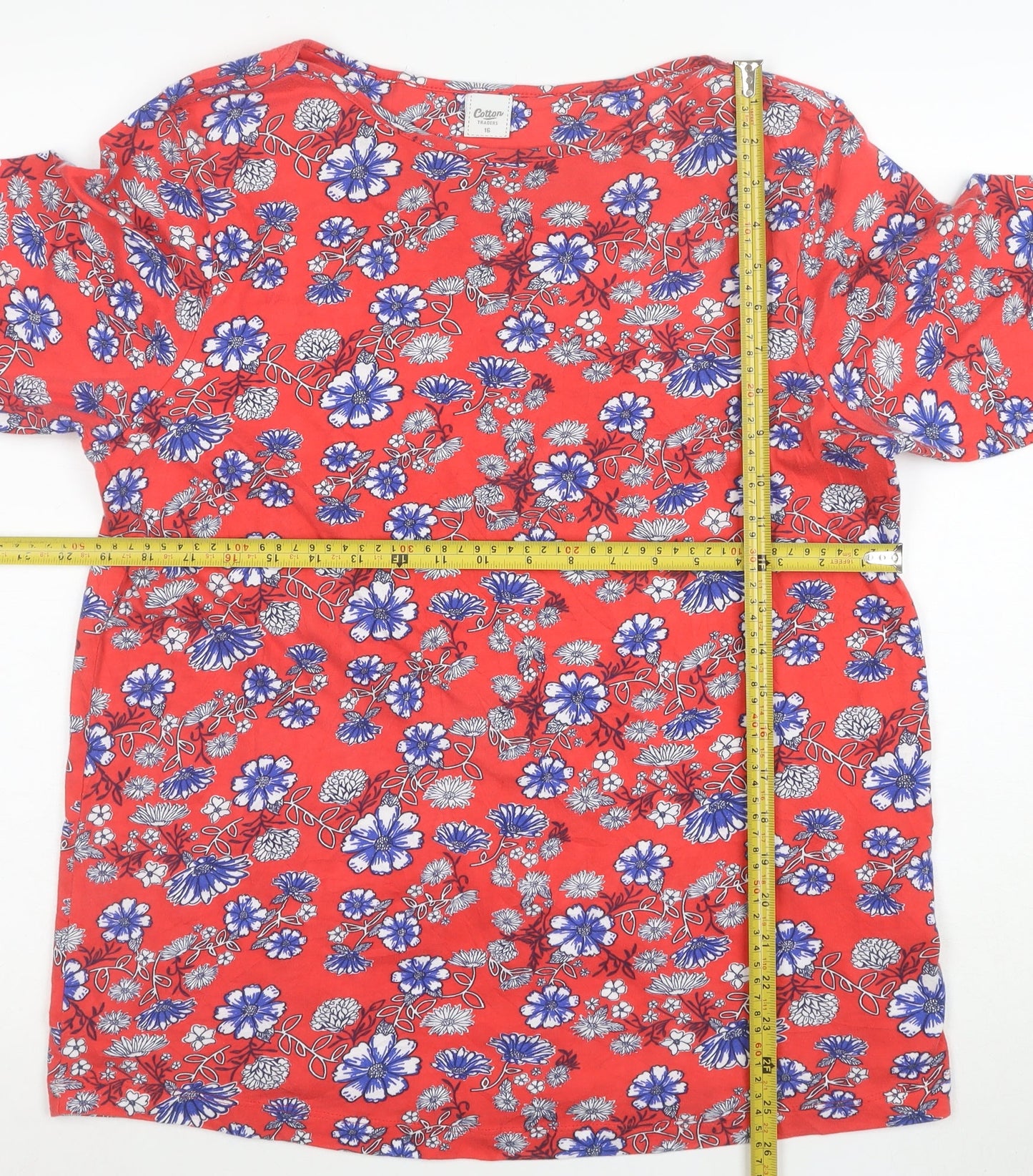 Cotton Traders Women Red Floral 3/4 Sleeve Jersey T-Shirt Size 16