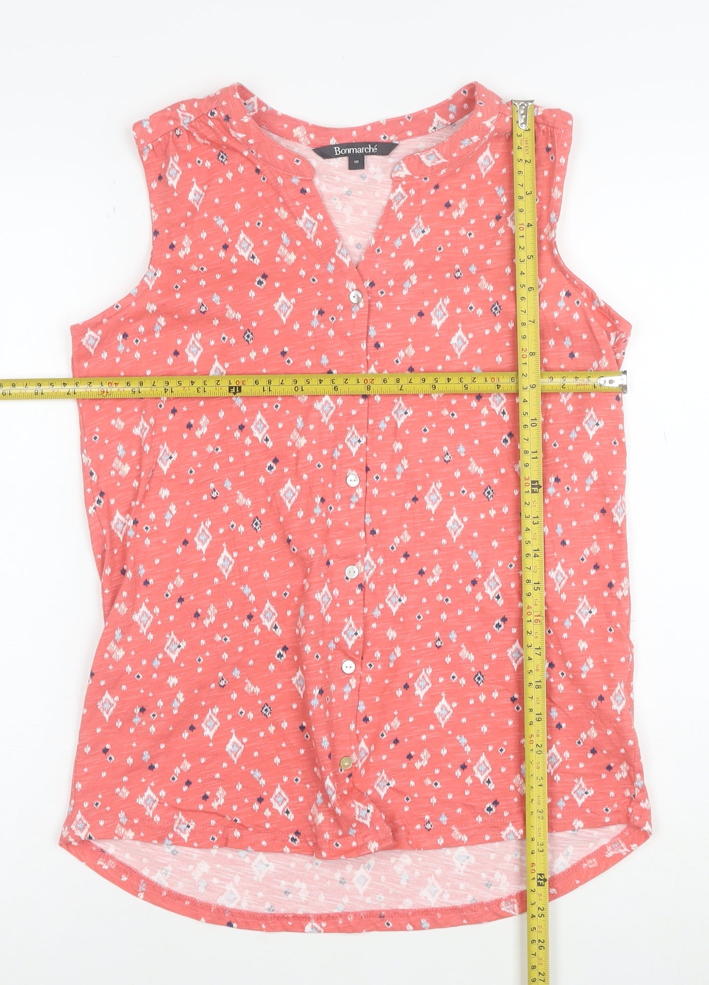 Bonmarché Women's Pink Geometric Sleeveless Cotton Button-Up Top Size 10