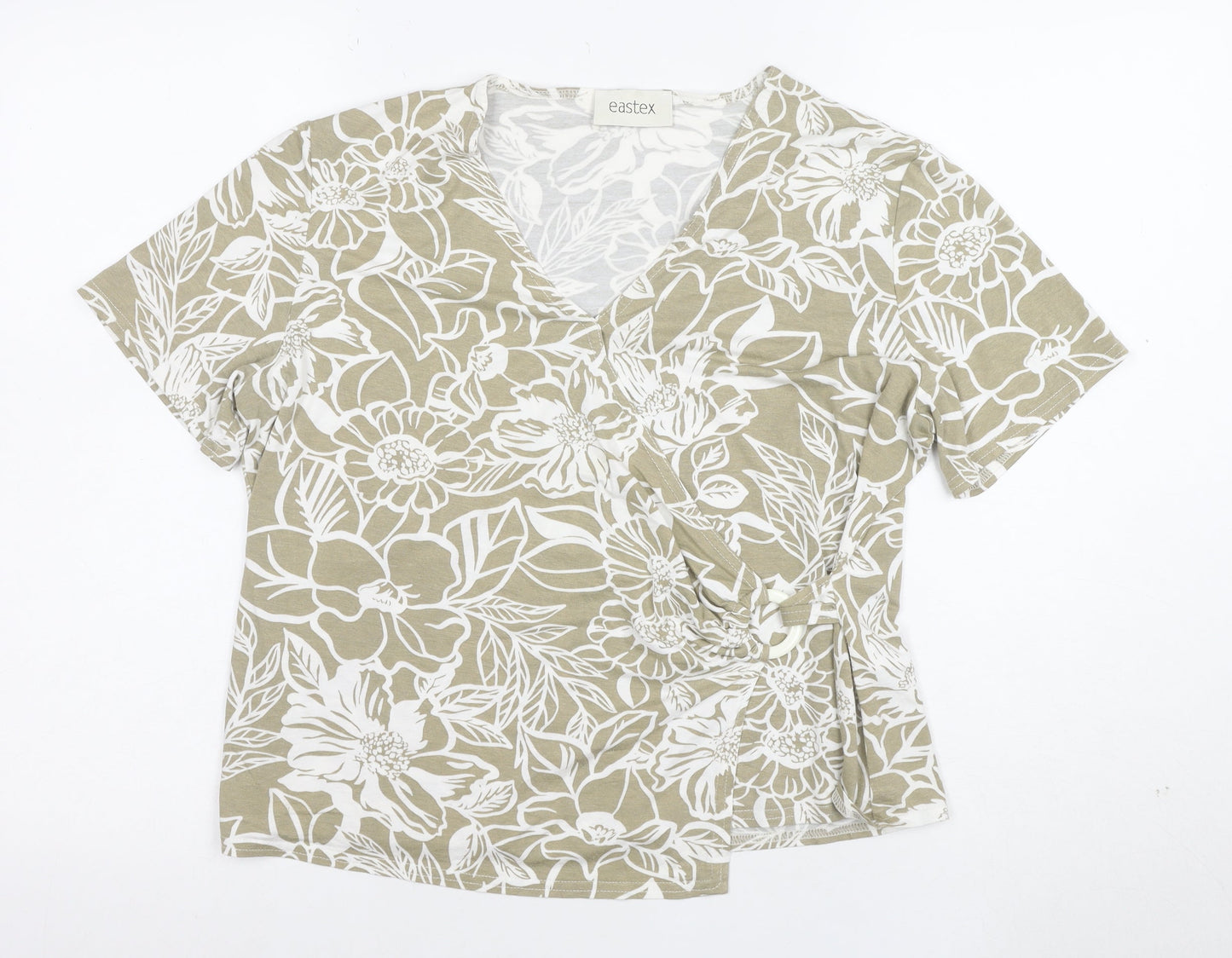 Eastex Women Beige Floral V-Neck Short Sleeve Stretch T-Shirt XL