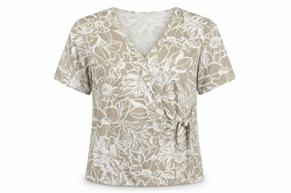 Eastex Women Beige Floral V-Neck Short Sleeve Stretch T-Shirt XL