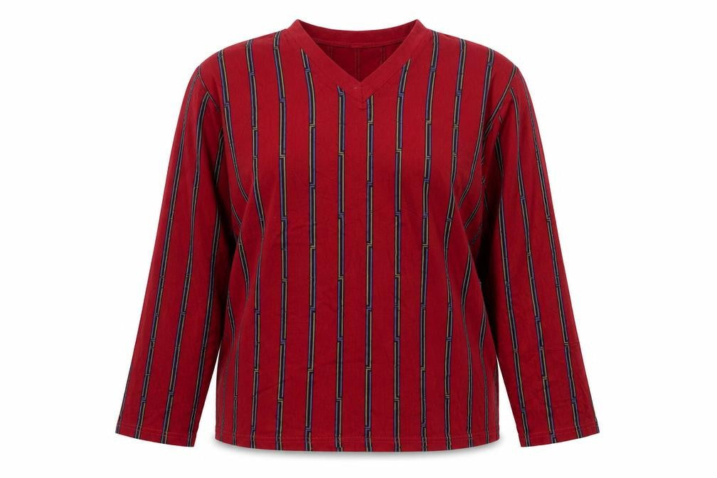 Christian Cane Women's Red Striped V-Neck Long Sleeve Cotton Top M