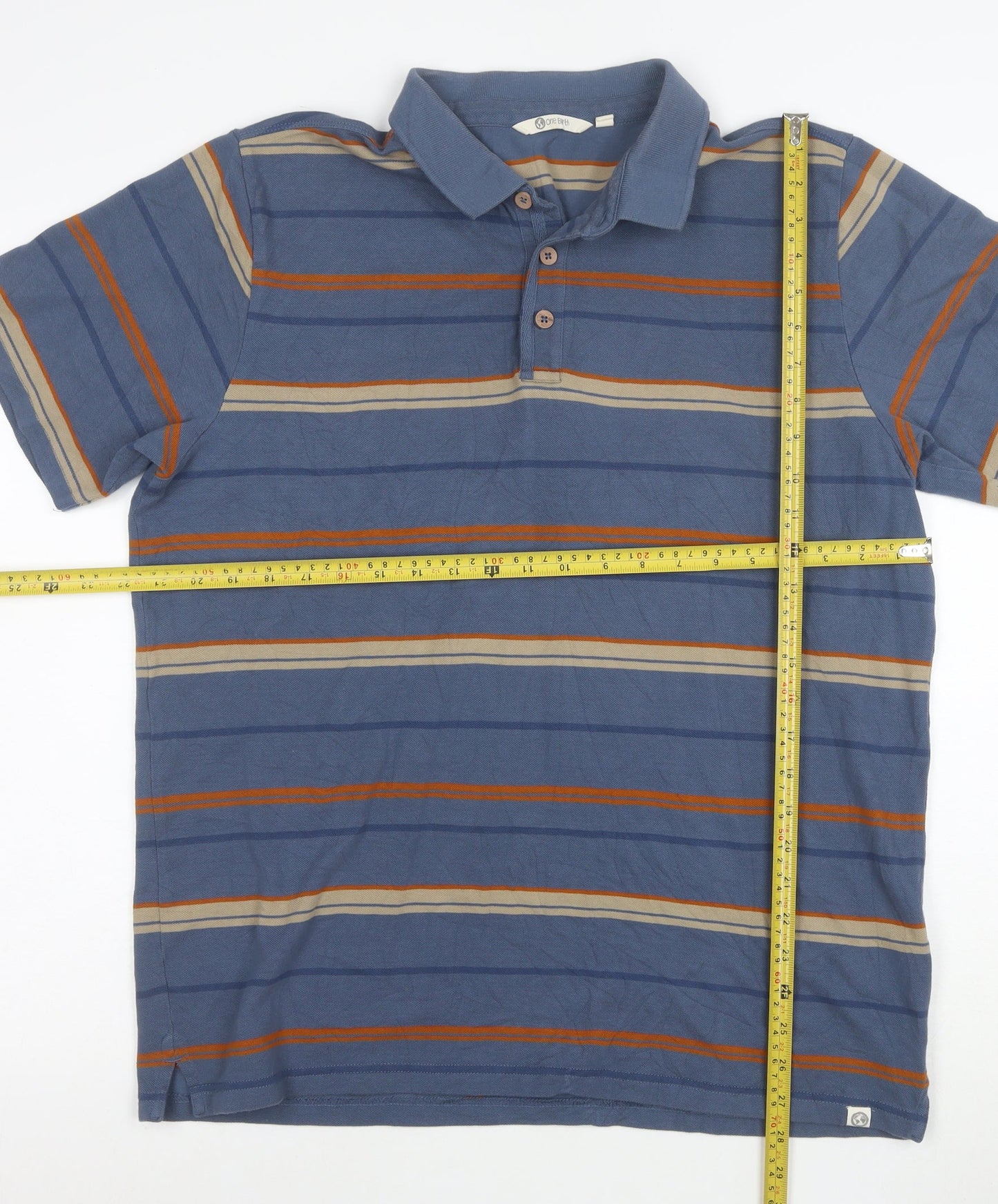 One Earth Men's Blue Striped Cotton Polo Shirt Size L