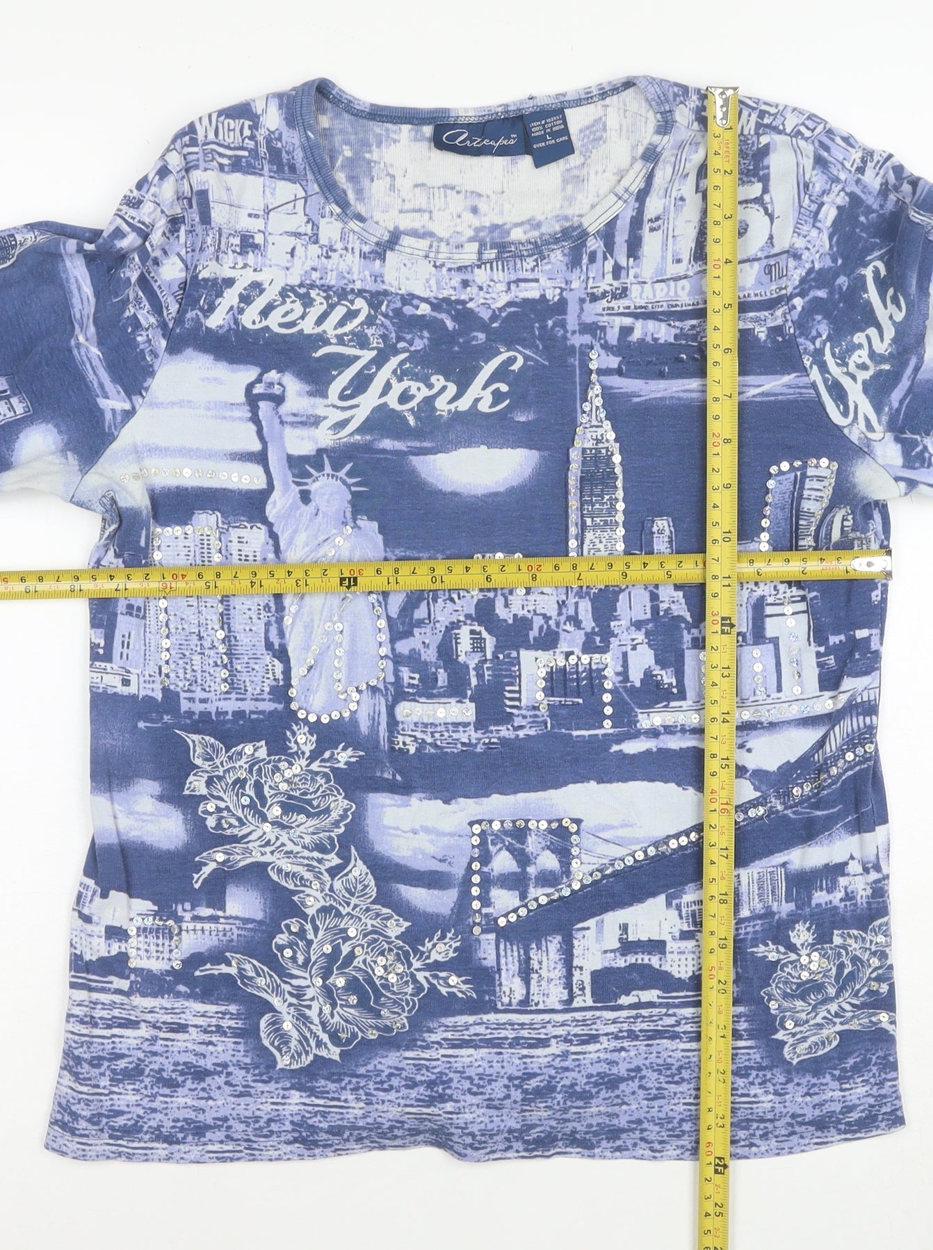 Artscapes Women’s Blue New York Rhinestone Cotton T-Shirt L