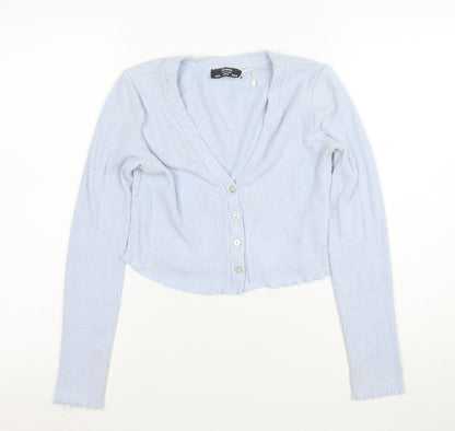Bershka Women Blue Cropped Ribbed Knit Button-Up Top XS