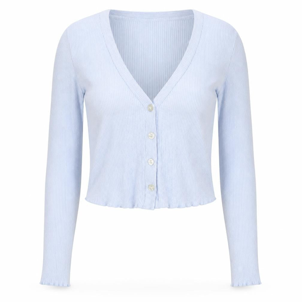 Bershka Women Blue Cropped Ribbed Knit Button-Up Top XS