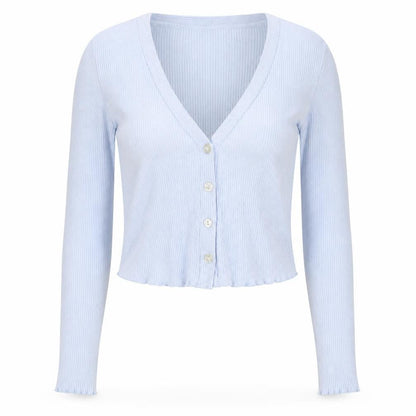 Bershka Women Blue Cropped Ribbed Knit Button-Up Top XS