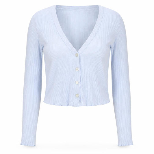 Bershka Women Blue Cropped Ribbed Knit Button-Up Top XS